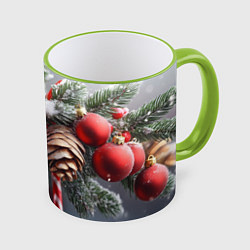 Кружка 3D Новогодние украшения на ветках, цвет: 3D-светло-зеленый кант