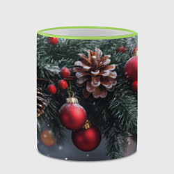 Кружка 3D Красные игрушки на елке и шишки, цвет: 3D-светло-зеленый кант — фото 2
