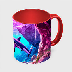 Кружка 3D Акула в розовом сиянии, цвет: 3D-белый + красный