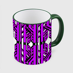 Кружка 3D Чёрно-фиолетовые техно полосы на белом фоне, цвет: 3D-зеленый кант