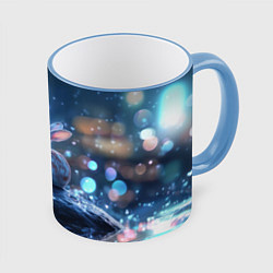 Кружка 3D Заяц с неоновым сердцем 14 февраля, цвет: 3D-небесно-голубой кант