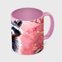 Кружка 3D Енот в розовом лесу, цвет: 3D-белый + розовый