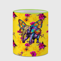 Кружка 3D Слон с крыльями бабочки на цветочном фоне, цвет: 3D-светло-зеленый кант — фото 2