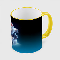 Кружка 3D Милый белый котёнок космонавт, цвет: 3D-желтый кант