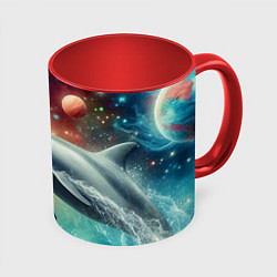 Кружка 3D Галактический дельфин - неоновый космос, цвет: 3D-белый + красный