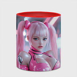 Кружка 3D Девушка с розовыми волосами в латексном костюме, цвет: 3D-белый + красный — фото 2