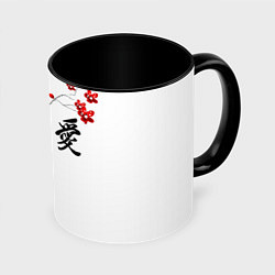 Кружка 3D Сакура с иероглифом Любовь, цвет: 3D-белый + черный