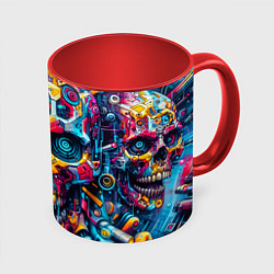 Кружка 3D Кибер череп - нейроарт паттерн, цвет: 3D-белый + красный