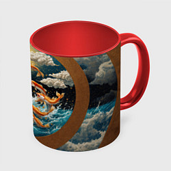 Кружка 3D Большие золотистые рыбы выпрыгивают из воды, цвет: 3D-белый + красный