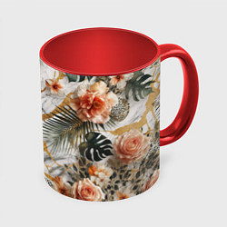 Кружка 3D Мрамор с цветами и леопардовый узор, цвет: 3D-белый + красный