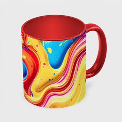 Кружка 3D Смесь красно-жёлто-голубых масляных красок абстрак, цвет: 3D-белый + красный