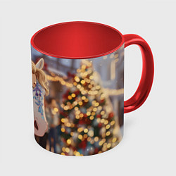 Кружка 3D Блондинка с новогодней лошадкой, цвет: 3D-белый + красный