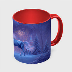 Кружка 3D Лошадь и новогодний салют, цвет: 3D-белый + красный