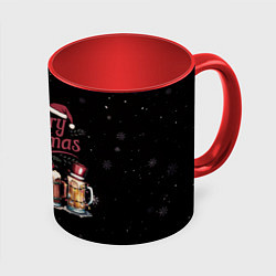 Кружка 3D Кружки пива в новогодних шапках, цвет: 3D-белый + красный