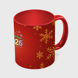 Кружка 3D Новогодняя лошадка 2026 на красном фоне, цвет: 3D-белый + красный