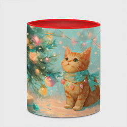 Кружка 3D Милый рыжий котенок любуется елкой, цвет: 3D-белый + красный — фото 2