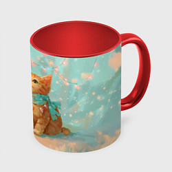 Кружка 3D Милый рыжий котенок любуется елкой, цвет: 3D-белый + красный