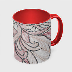 Кружка 3D Нежно розовый орнамент из перьев, цвет: 3D-белый + красный