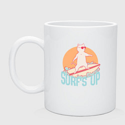 Кружка керамическая Surfs Up Кот сёрфер на гребне волны, цвет: белый