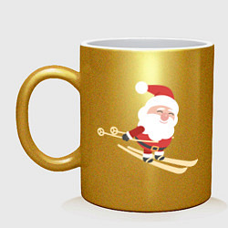 Кружка керамическая Дед Мороз на лыжах, цвет: золотой