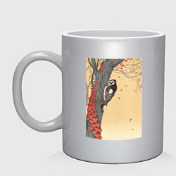 Кружка керамическая Great Spotted Woodpecker in Tree with Red Ivy, цвет: серебряный