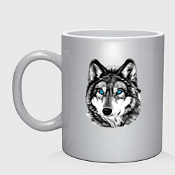 Кружка керамическая Волк голубоглазый, цвет: серебряный