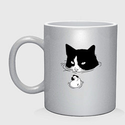 Кружка керамическая Кот сидит в воде и сторожит утёнка, цвет: серебряный