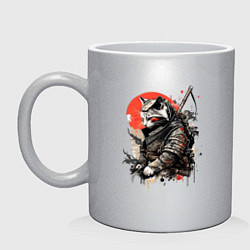 Кружка керамическая Японский самурай - кот, цвет: серебряный