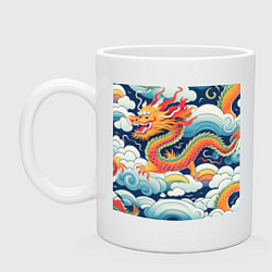 Кружка керамическая Китайский дракон на цветном фоне, цвет: белый