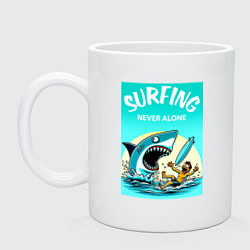 Кружка керамическая Surfing never alone - shark and surfer, цвет: белый