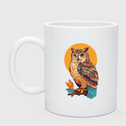 Кружка керамическая Сова на ветке с листьями, цвет: белый