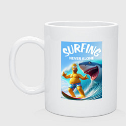 Кружка керамическая Homer Simpson and shark - surfing never alone, цвет: белый
