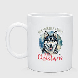 Кружка керамическая Новогодний хаски, цвет: белый