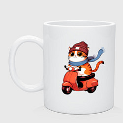 Кружка керамическая Кот в шапке на скутере, цвет: белый