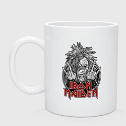 Кружка керамическая Iron Maiden head with hands, цвет: белый