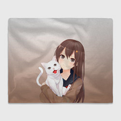 Плед флисовый Девочка и белый кот аниме, цвет: 3D-велсофт