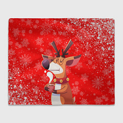 Плед флисовый НОВОГОДНИЙ ОЛЕНЬ И ЧАШКА КОФЕ, цвет: 3D-велсофт