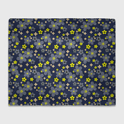 Плед флисовый Лимонного цвета цветы на серо-синем фоне, цвет: 3D-велсофт