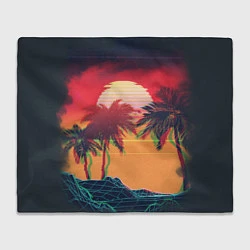 Плед флисовый Пальмы и пляж на закате с помехами VHS ретро дизай, цвет: 3D-велсофт