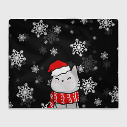 Плед флисовый Котик в новогодней шапочке - снежинки, цвет: 3D-велсофт
