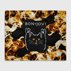 Плед флисовый Bon Jovi рок кот и огонь, цвет: 3D-велсофт