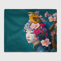 Плед флисовый Японка с птицей на фоне цветущей сакуры, цвет: 3D-велсофт