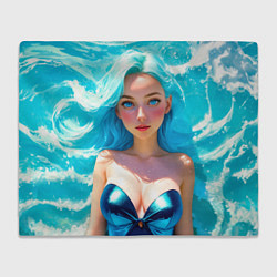 Плед флисовый Девушка на фоне бирюзовых волн, цвет: 3D-велсофт