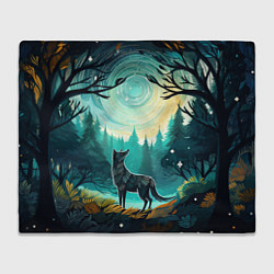 Плед флисовый Волк в ночном лесу фолк-арт, цвет: 3D-велсофт