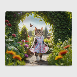 Плед флисовый Кошка в летнем платье в саду, цвет: 3D-велсофт