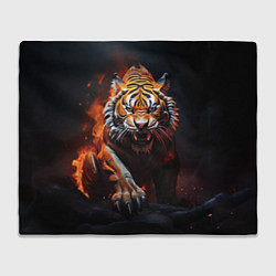 Плед флисовый Злой тигр в огне рычит и нападает, цвет: 3D-велсофт