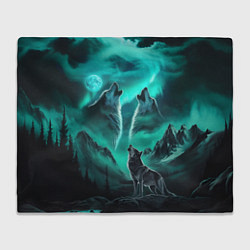 Плед флисовый Волки воют на луну и северное сияние, цвет: 3D-велсофт