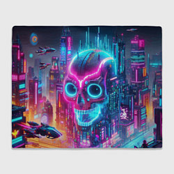 Плед флисовый Neon skull in metropolis - future, цвет: 3D-велсофт