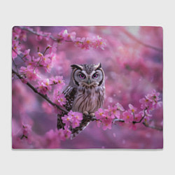 Плед флисовый Сова на ветке с розовыми цветами, цвет: 3D-велсофт