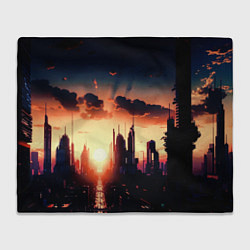 Плед флисовый Пейзаж город будущего закат, цвет: 3D-велсофт
